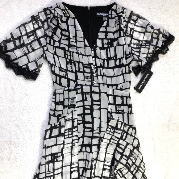 Karl Lagerfeld Paris Print Lace-Trim Tiered Dress - Picture 6 of 14